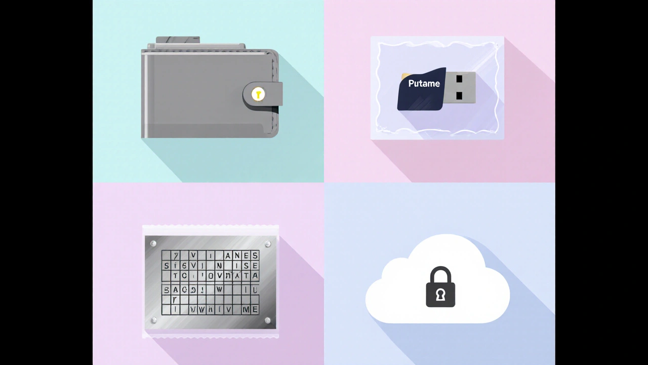 Flat illustration of hardware wallet, sealed USB, metal seed plate, and encrypted cloud.
