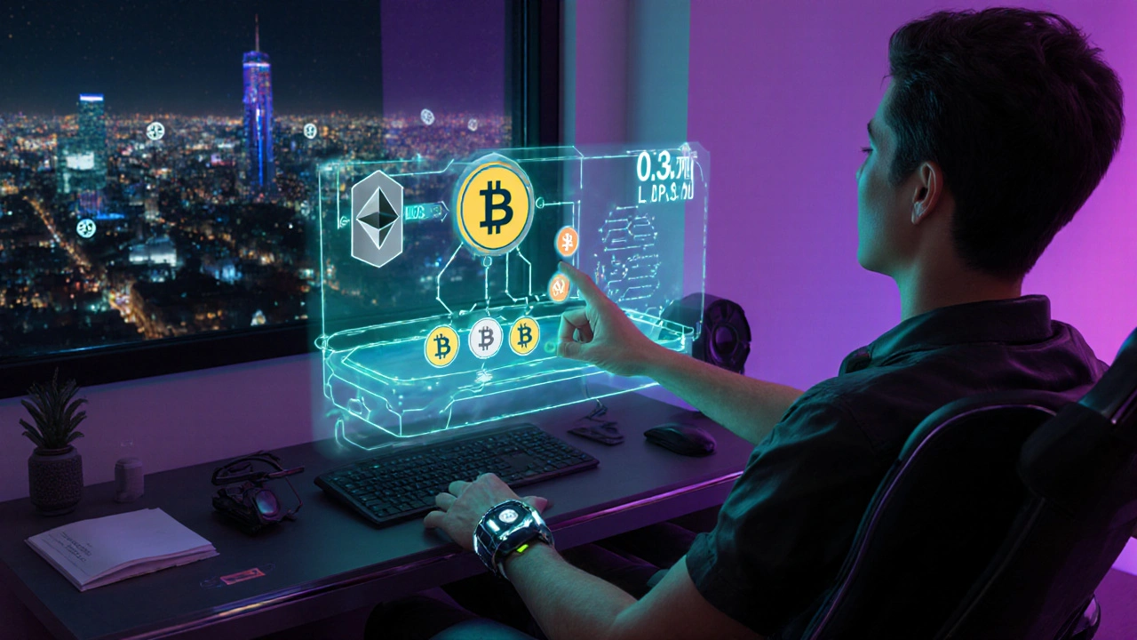 Futuristic user adding liquidity to a pool via holographic interface, showing rewards.