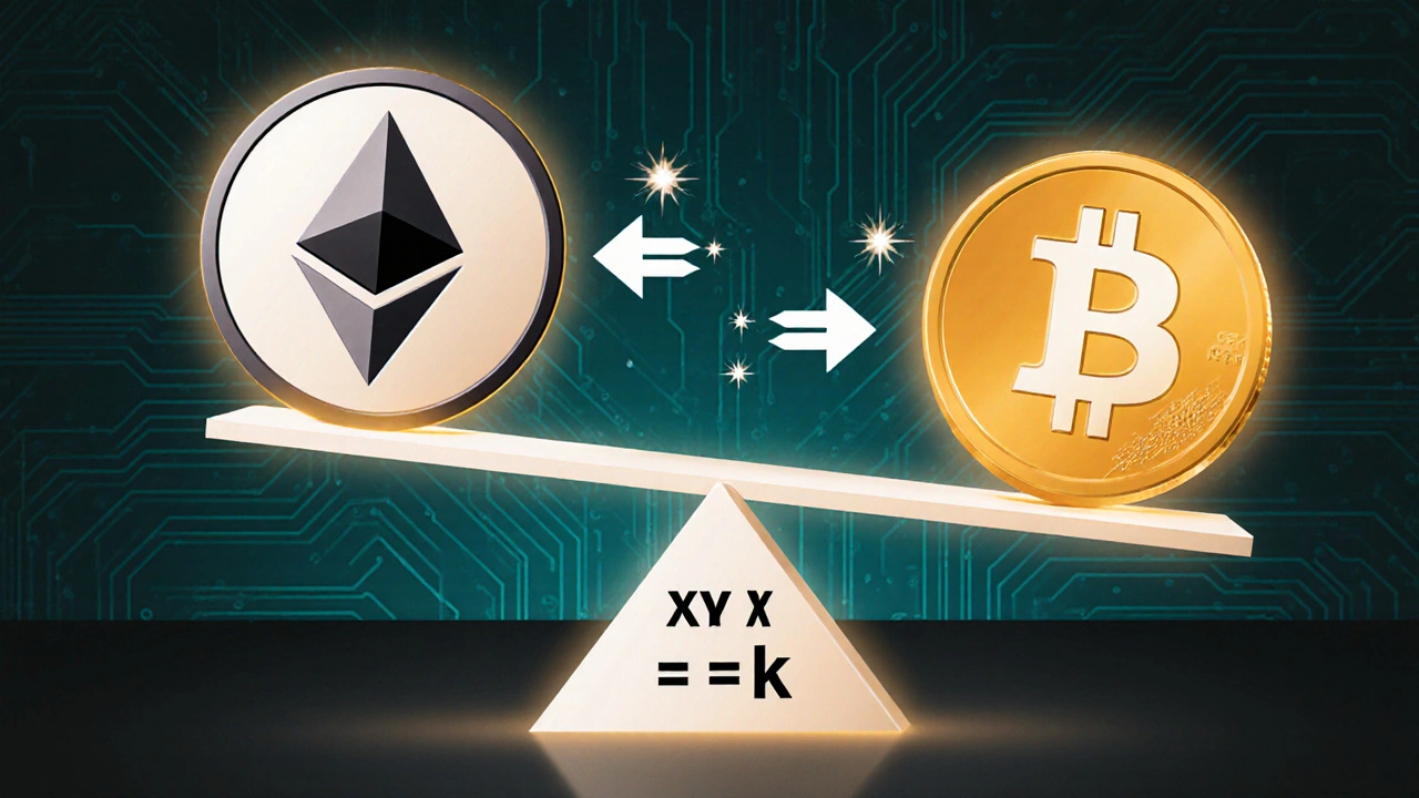 Illustration of an AMM balancing ETH and USDC on a seesaw with the formula x·y=k.