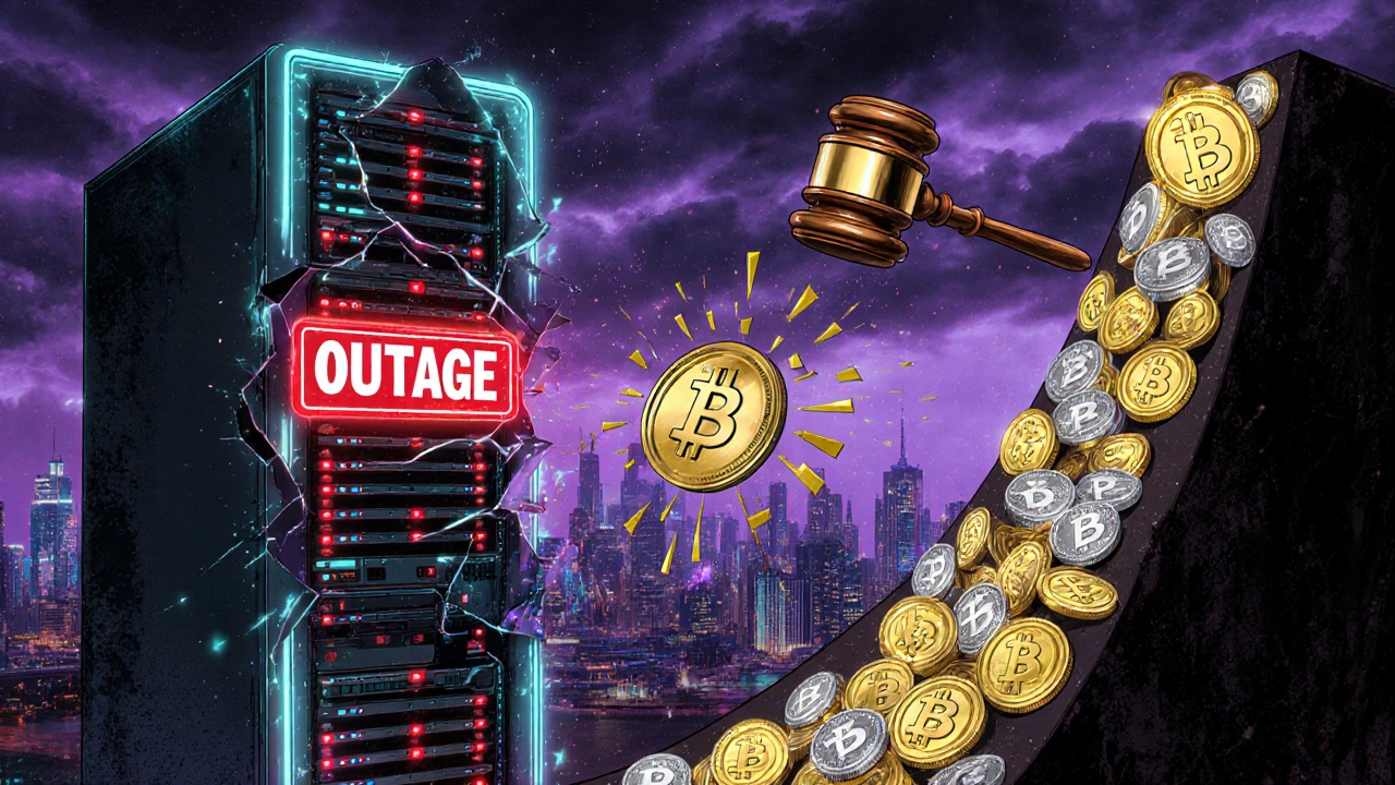 Illustration of exchange outage, regulatory gavel, and coin cascade triggering a crunch.