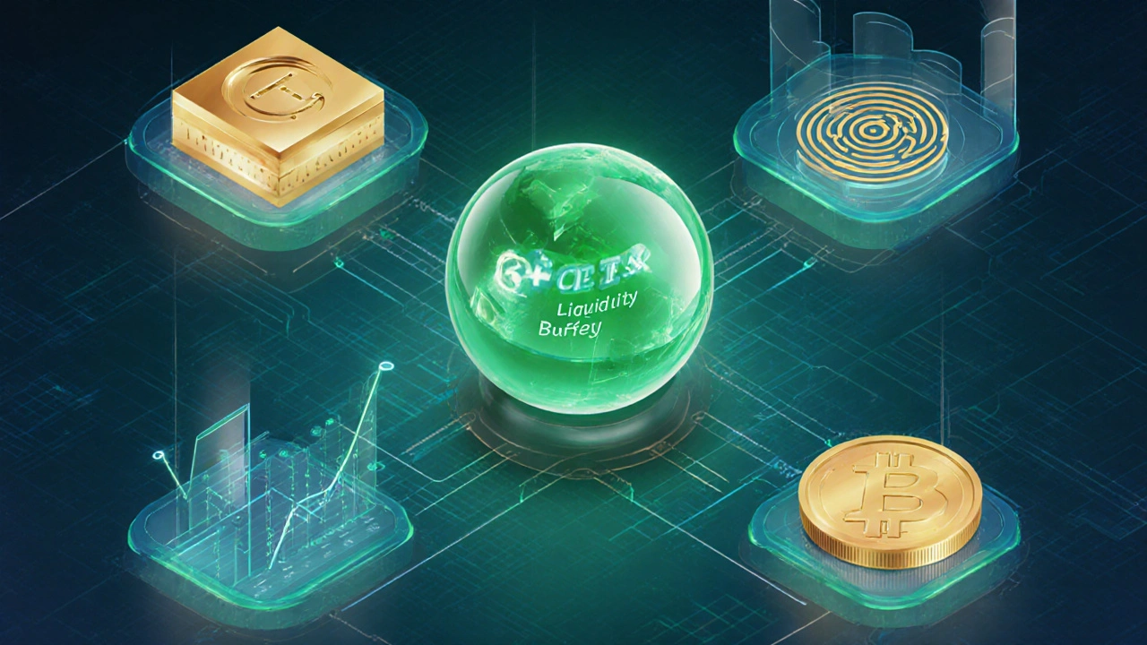 Isometric view of a diversified liquidity dashboard with buffer sphere and market nodes.