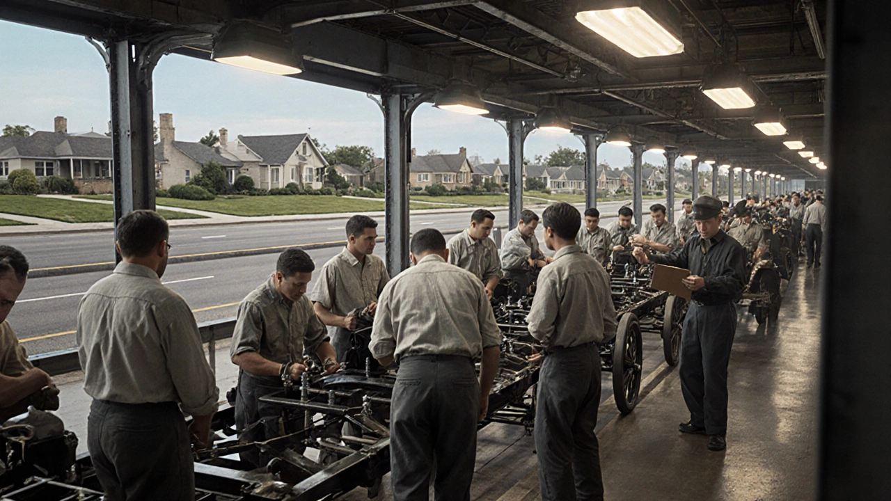 1910s Ford assembly line with Model T cars and an emerging suburban street and highway.