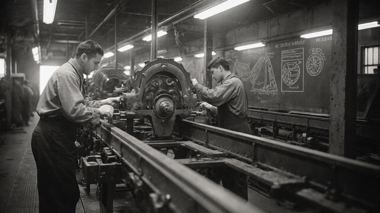 1915 Ford Model T assembly line with workers installing interchangeable parts using precision tools.
