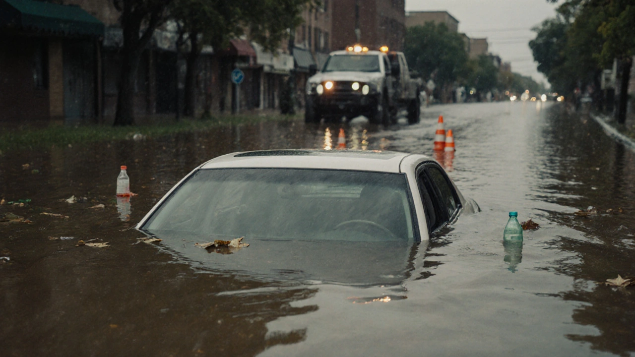 A car partially submerged in floodwater with debris floating around it.