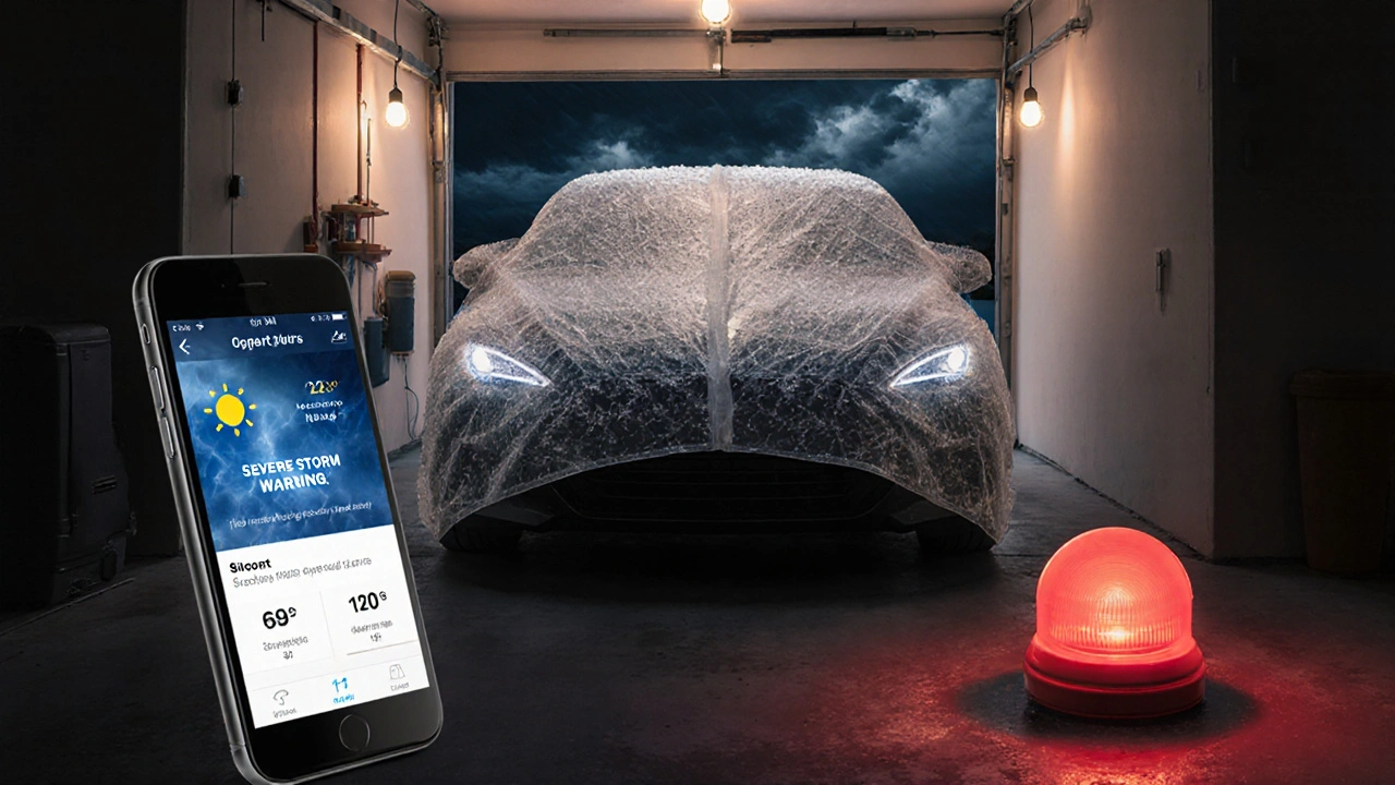 A car protected by a hail cover in a garage with a weather alert on a phone.