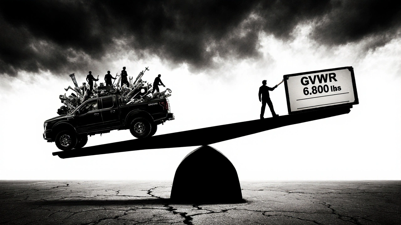 A pickup truck on a tipping scale, overloaded with gear, contrasted against a small GVWR sticker under a stormy sky.