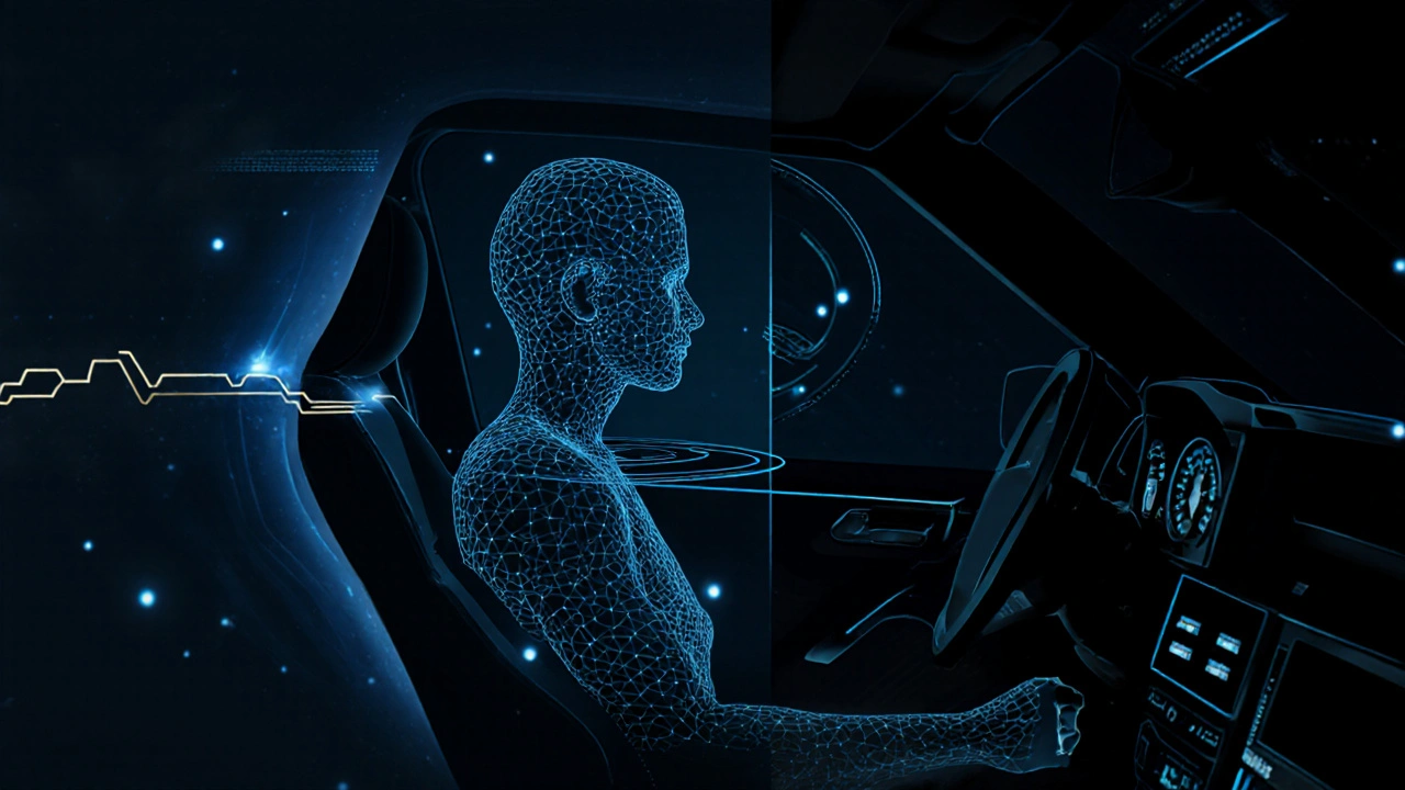 Abstract visualization of biometric data tracking driver fatigue: eye movement, head position, and pupil response displayed as glowing indicators.