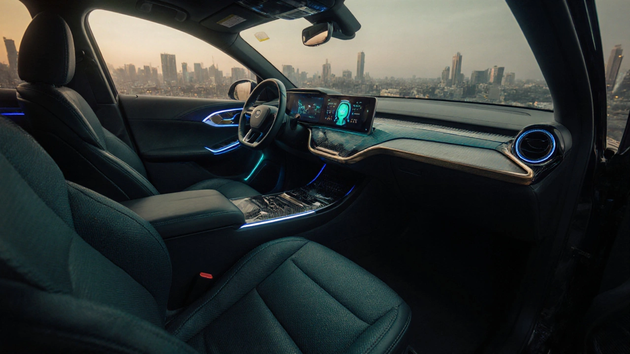 Autonomous EV interior with swiveling seats, bio‑leather upholstery, and AI lighting.