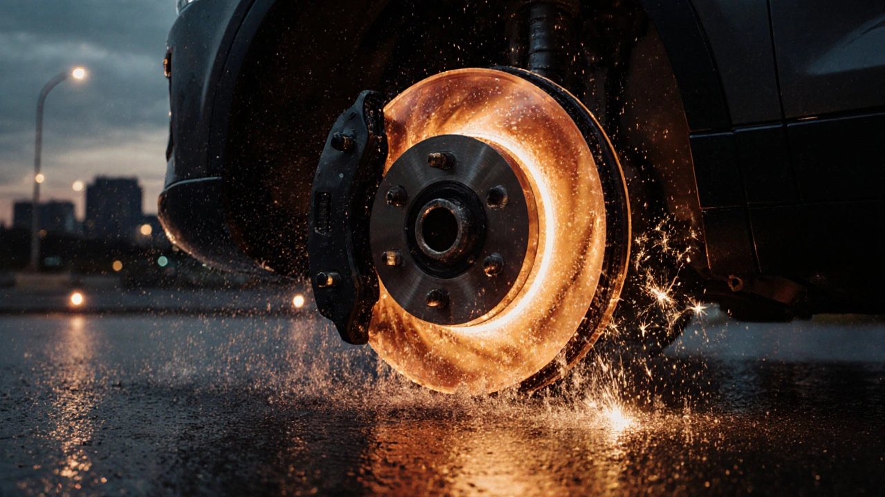 Car braking on a wet road at dusk with glowing rotor and hydraulic lines.