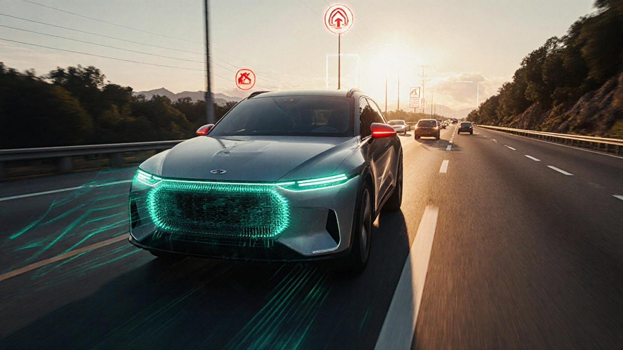Car on highway with visual effects for AEB, BSM, and lane‑keeping assist.
