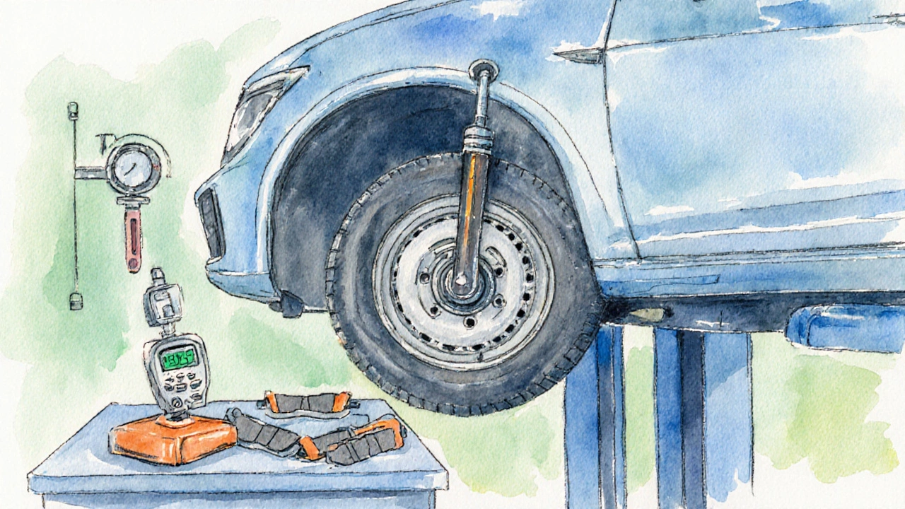 Car on lift with tire rotation, pressure gauge and brake pads displayed nearby.