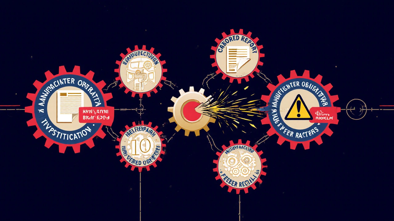 Chain of gears representing the vehicle recall process with one broken gear sparking.