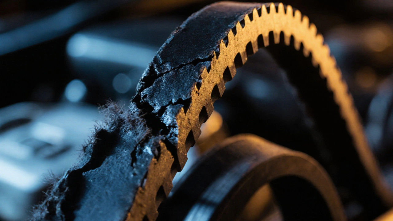 Close‑up of a cracked timing belt next to a new clean belt.