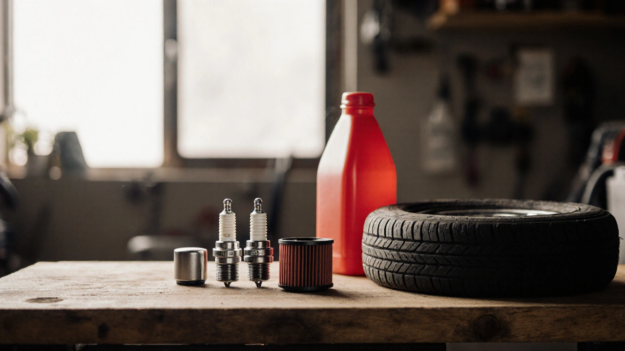 Close‑up of garage bench with spark plug, oil filter, air filter, brake fluid bottle, and tire tread.