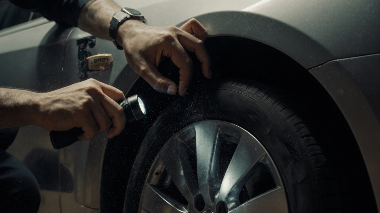 Close-up of hands checking a car&#039;s paint and wheel for damage during delivery inspection.