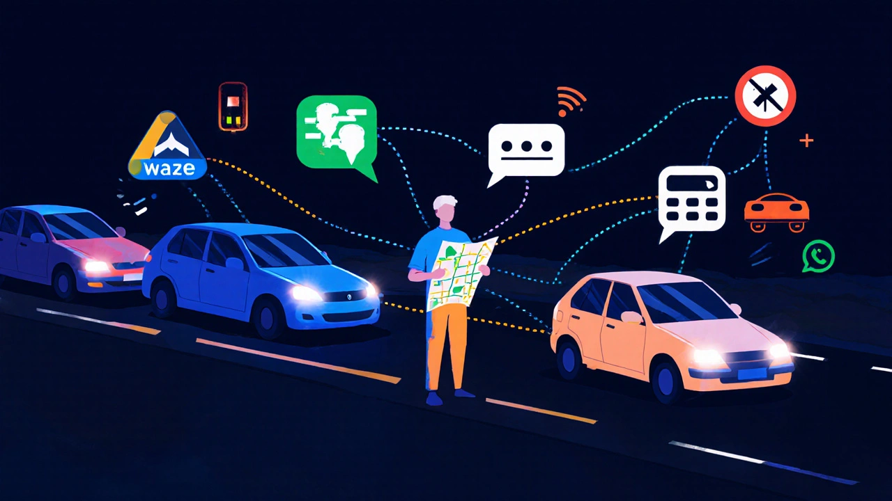 Conceptual convoy with glowing connections between cars representing communication and safety layers.