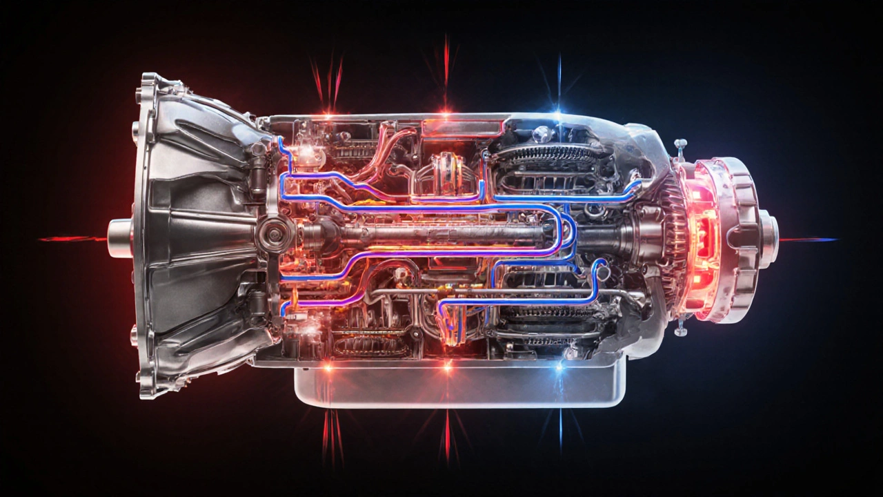 Cross-sectional view of a transmission showing hydraulic pressure levels and clutch engagement points under load.