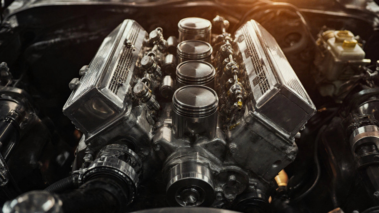 Cutaway of an inline‑four engine displaying pistons, crankshaft, and valves.