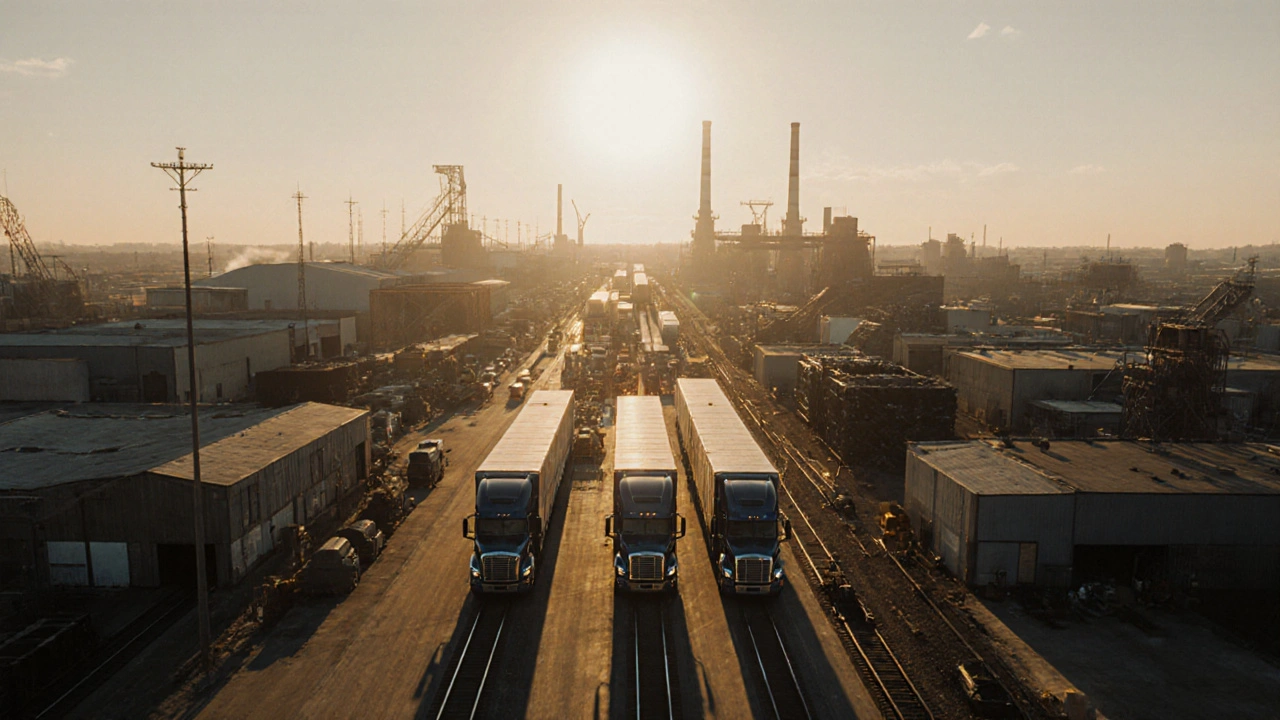 Dawn light over a network of factories and trucks in the Rust Belt automotive supply chain.