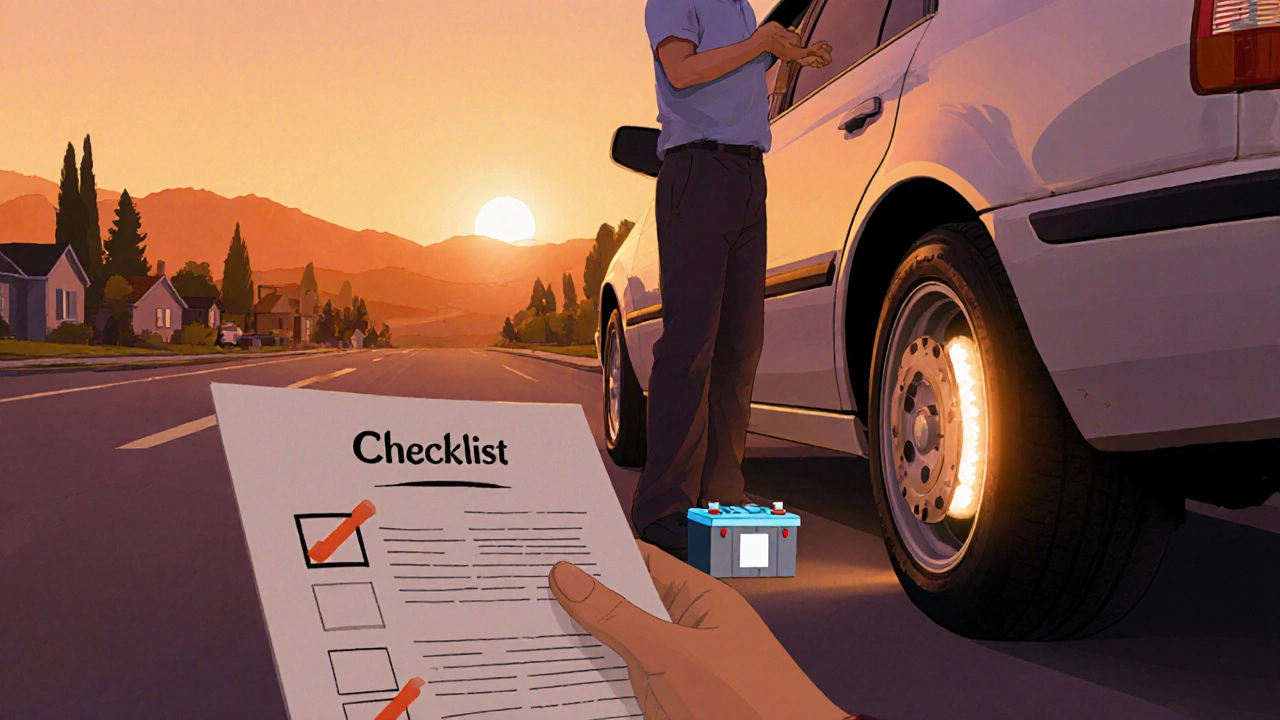 Driver checks car checklist at sunset, highlighting tires, brakes, and battery.