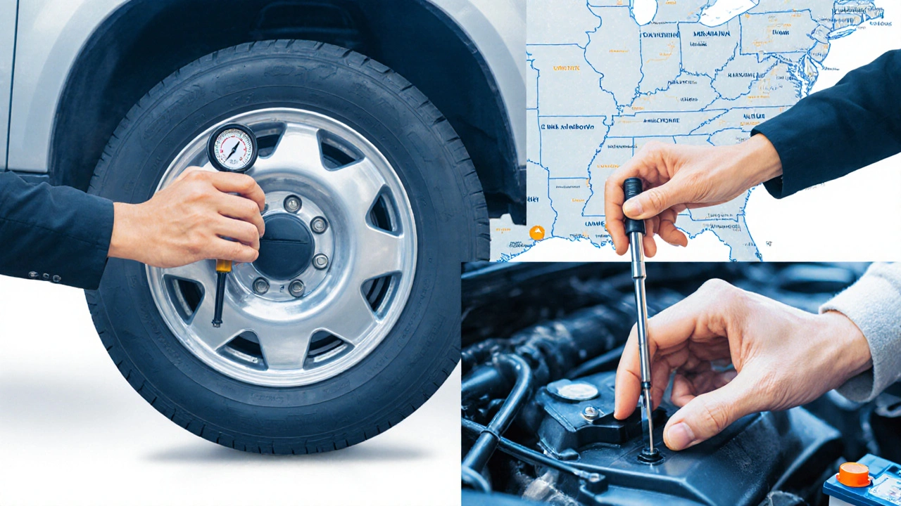 Driver’s hands checking tire pressure, oil dipstick, and battery terminals against a highway map backdrop.