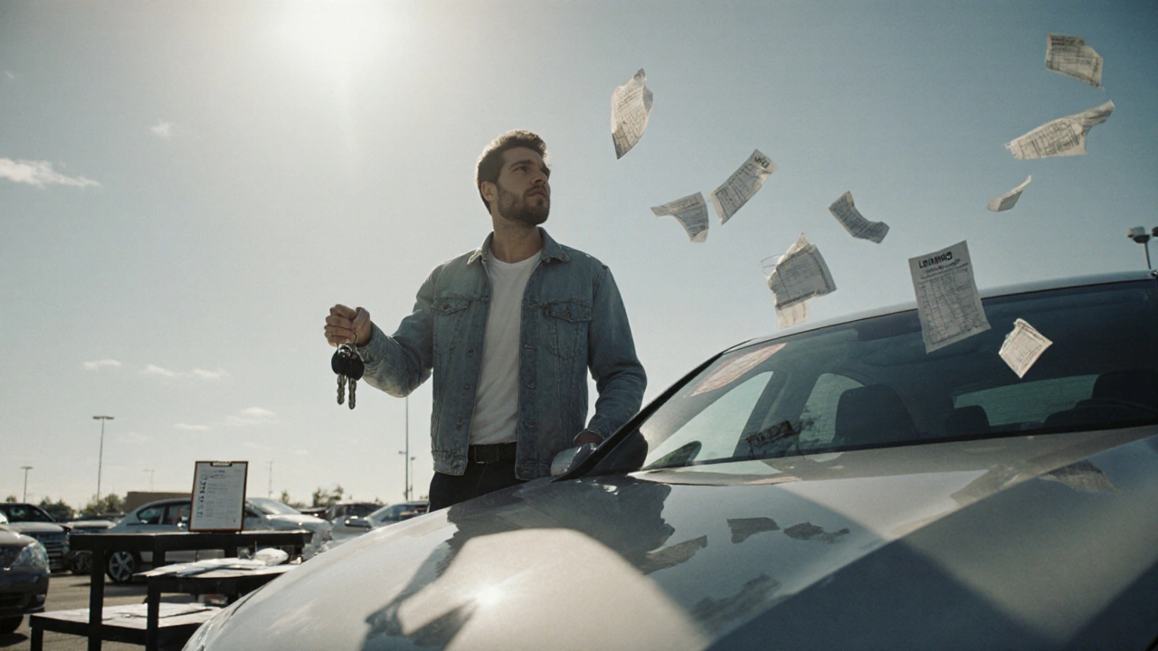 Driver standing by a shiny car with receipts blowing away, indicating savings.