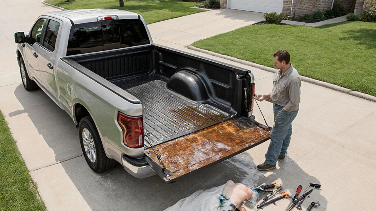 Drop-in truck bed liner installed with water pooling underneath, revealing early rust on metal bed.