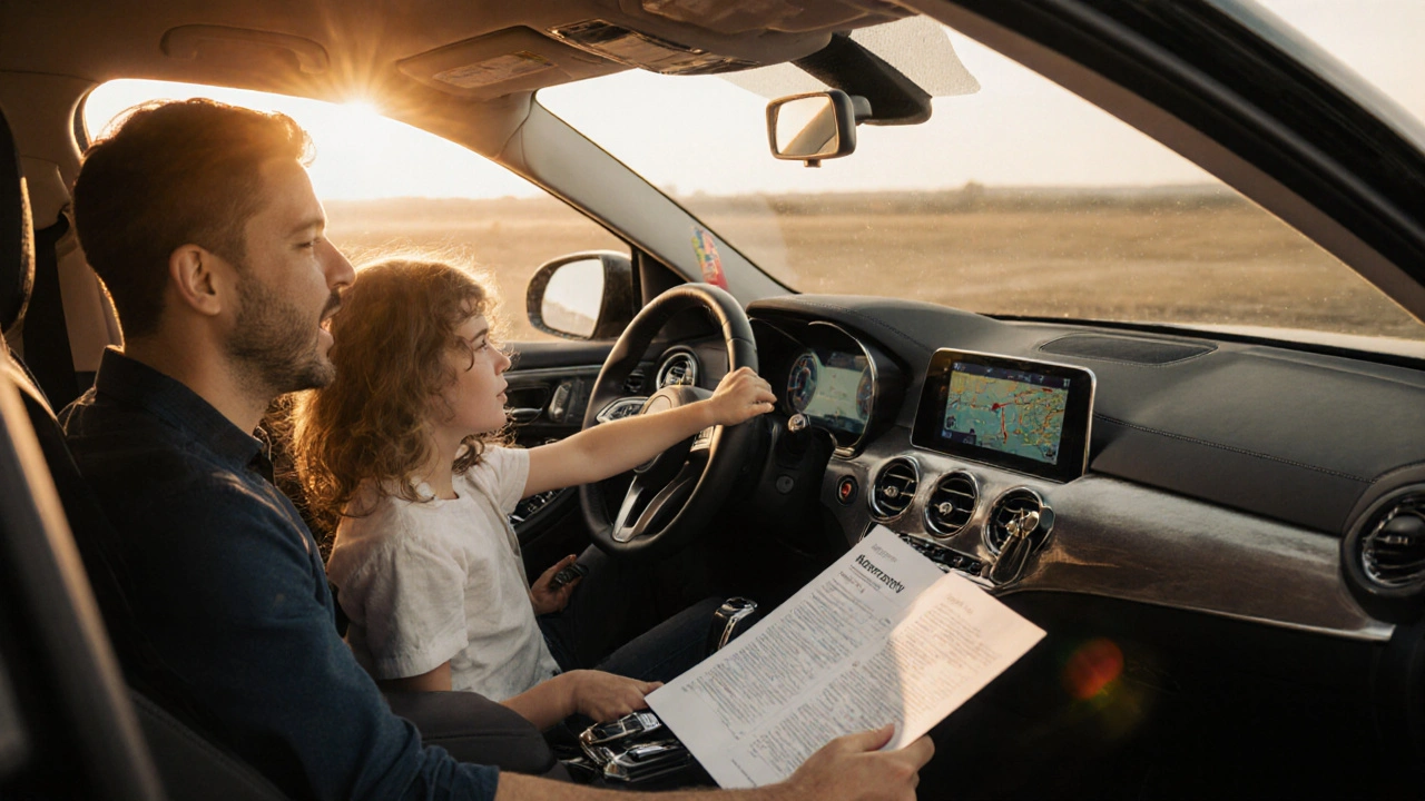Family inside a new car, reviewing the owner&#039;s manual with dashboard lights glowing softly.