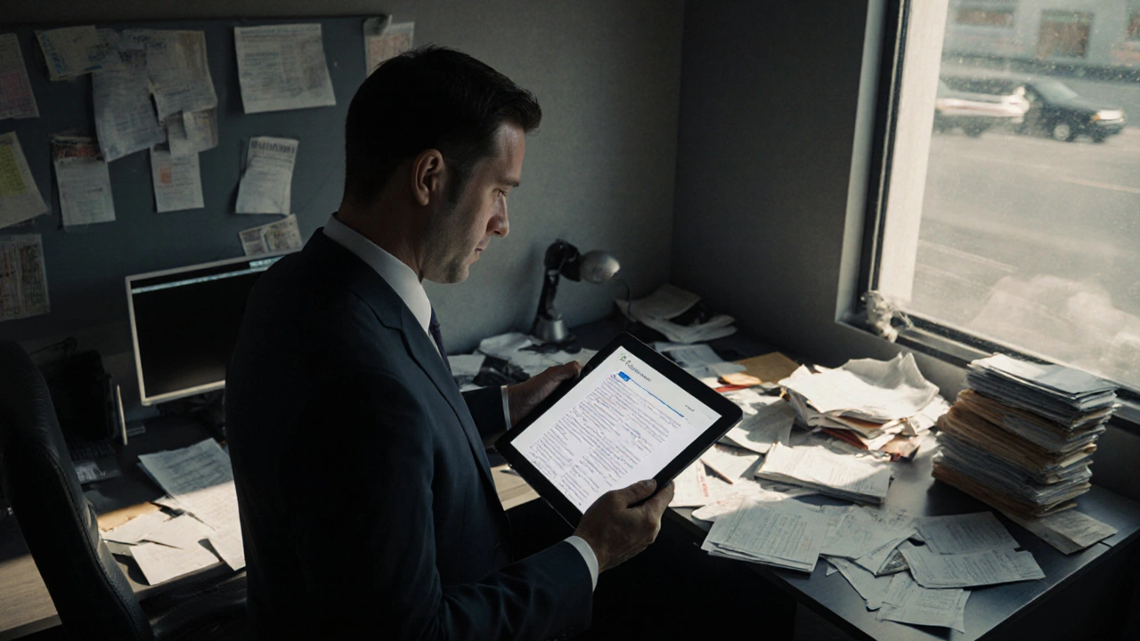 FMCSA auditor reviewing digital driver files while chaotic paper files lie behind them.