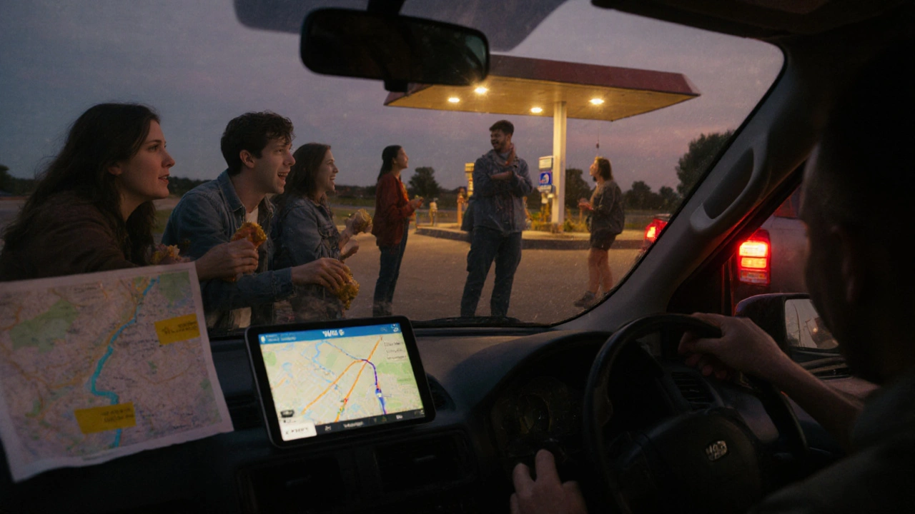 Friends laughing at a rest area at dusk, sharing snacks near their cars with route map visible.