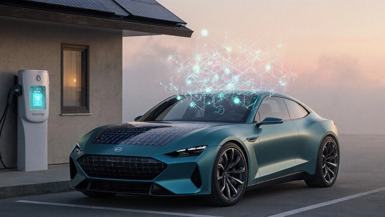 Futuristic hybrid car with solar roof connected to a home grid and AI hologram.
