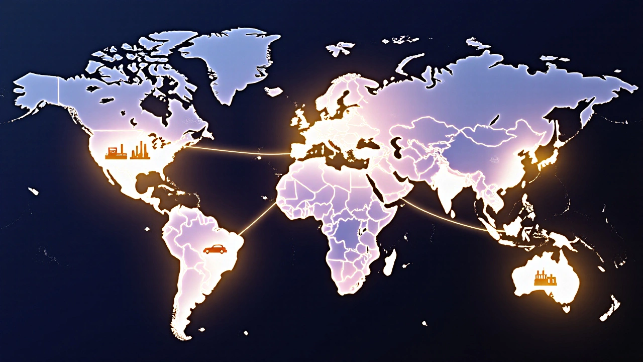 Glowing global map showing connections between major automotive manufacturing regions.