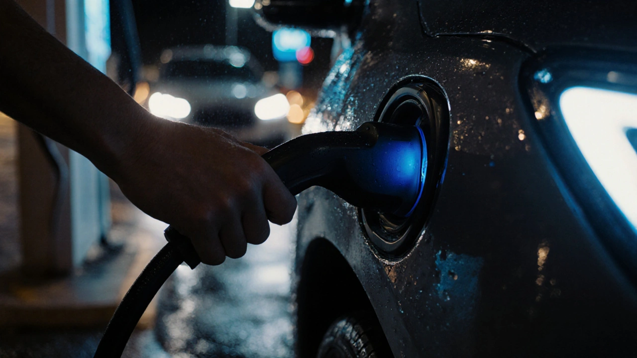 Hand inserting an EV charging cable into a side-mounted port with a secure click.