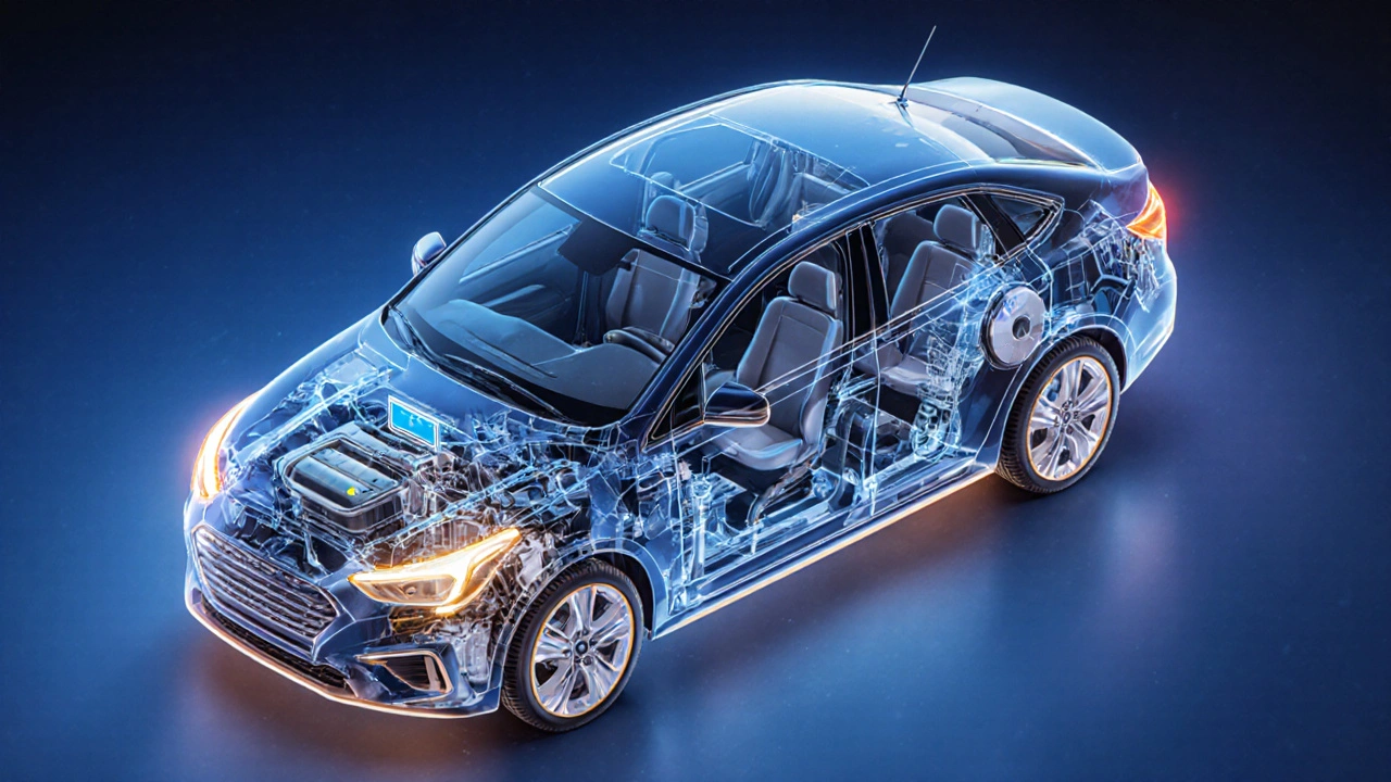 Illustrated cutaway of a car highlighting alloy wheels, tires, LED headlights, battery, brakes, suspension, turbocharger, infotainment screen.