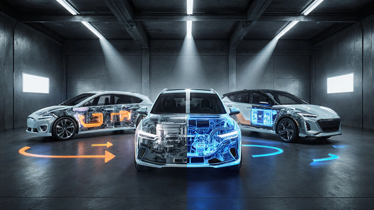 Illustration of three hybrid architectures with glowing power‑flow arrows.