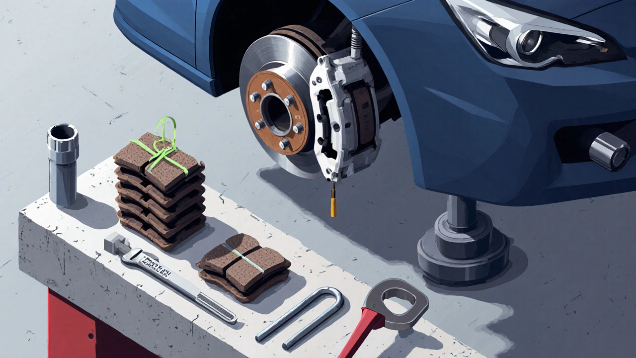 Isometric garage scene of brake pad and rotor replacement with tools and lifted wheel.