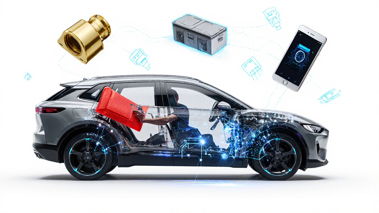 Modern electric car with transparent body showing modular battery swap and 3D-printed replacement part.