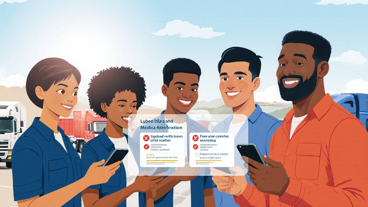 New drivers uploading documents to a fleet app on smartphones in a bright fleet yard.