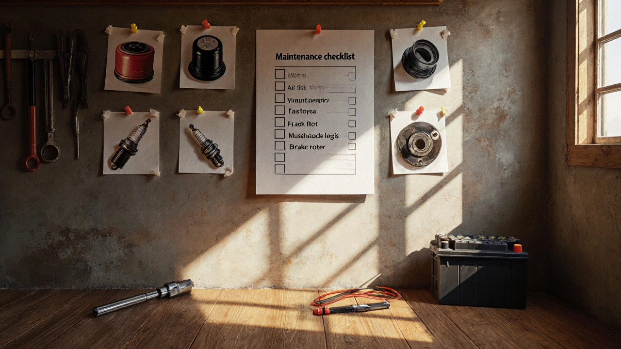 Oil‑painted garage wall with a maintenance checklist surrounded by common car parts.