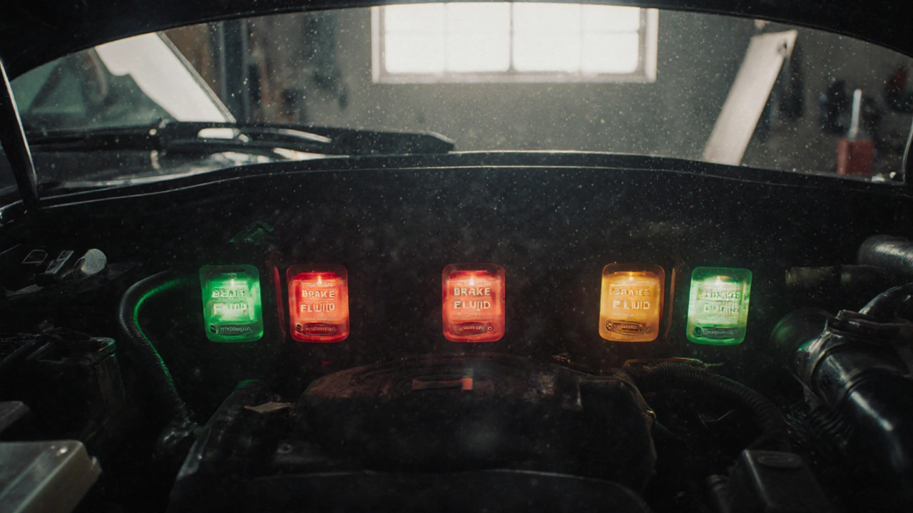Overhead view of car fluids in reservoirs with tools and maintenance log.