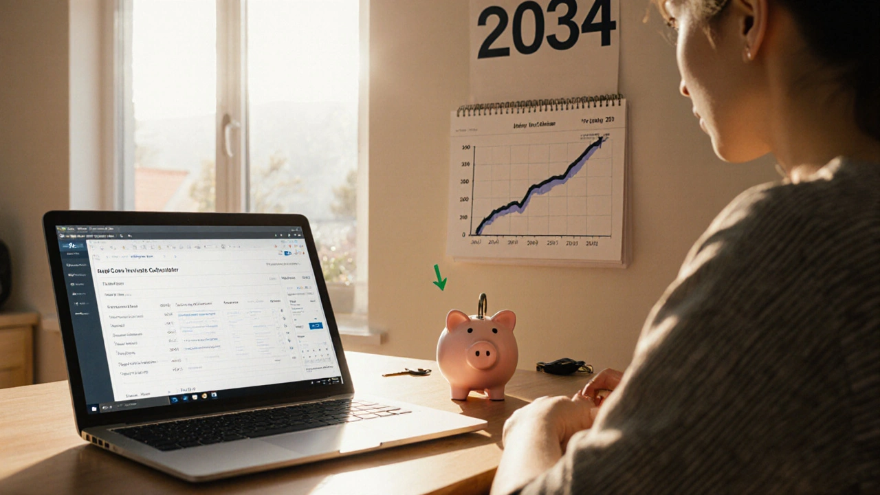 Person reviewing investment growth on a laptop beside a car key and piggy bank.
