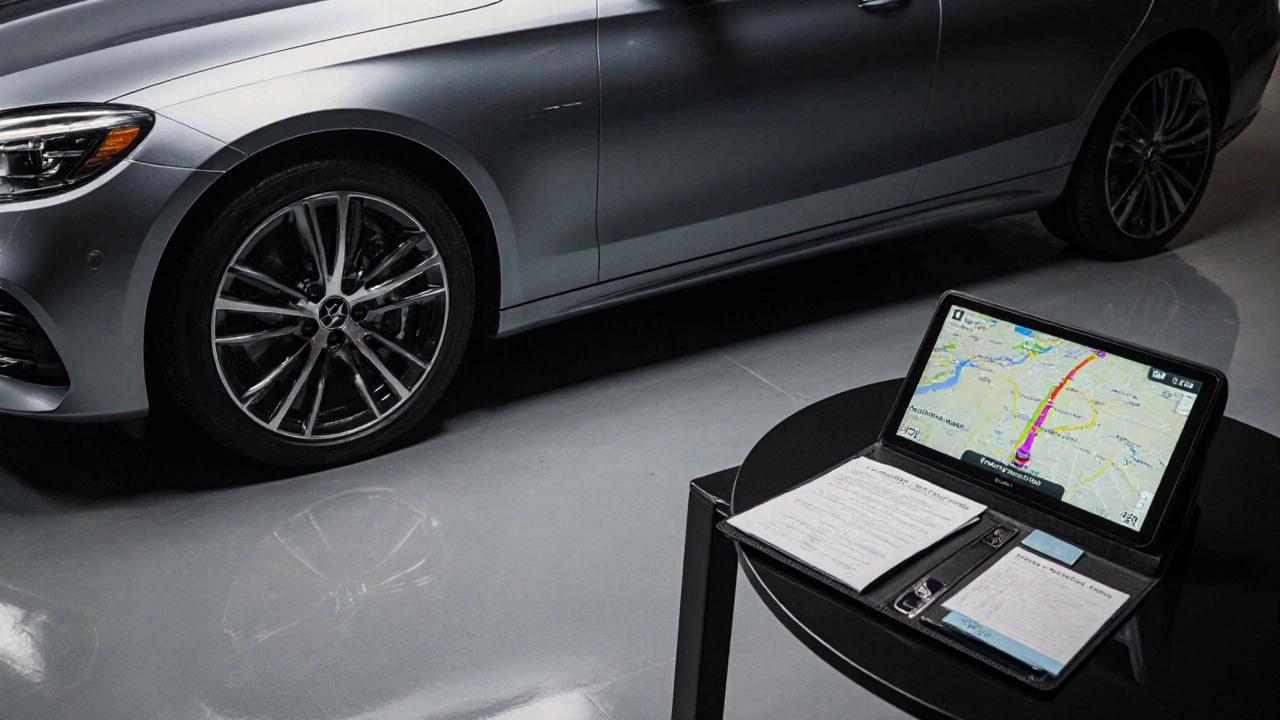 Photo of a car in a showroom with wheels, infotainment screen, and a folder of receipts and service records on a table.