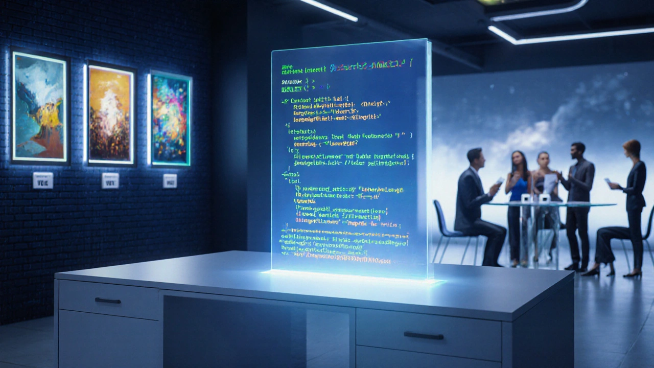Photorealistic view of a holographic smart contract, NFT gallery, and DAO voting scene.