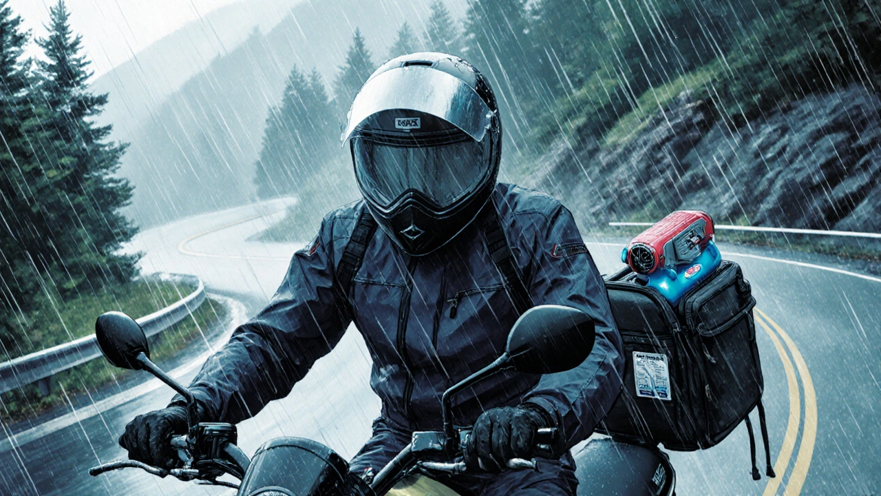 Rider in waterproof suit navigating rainstorm on mountain road, tire repair kit visible.