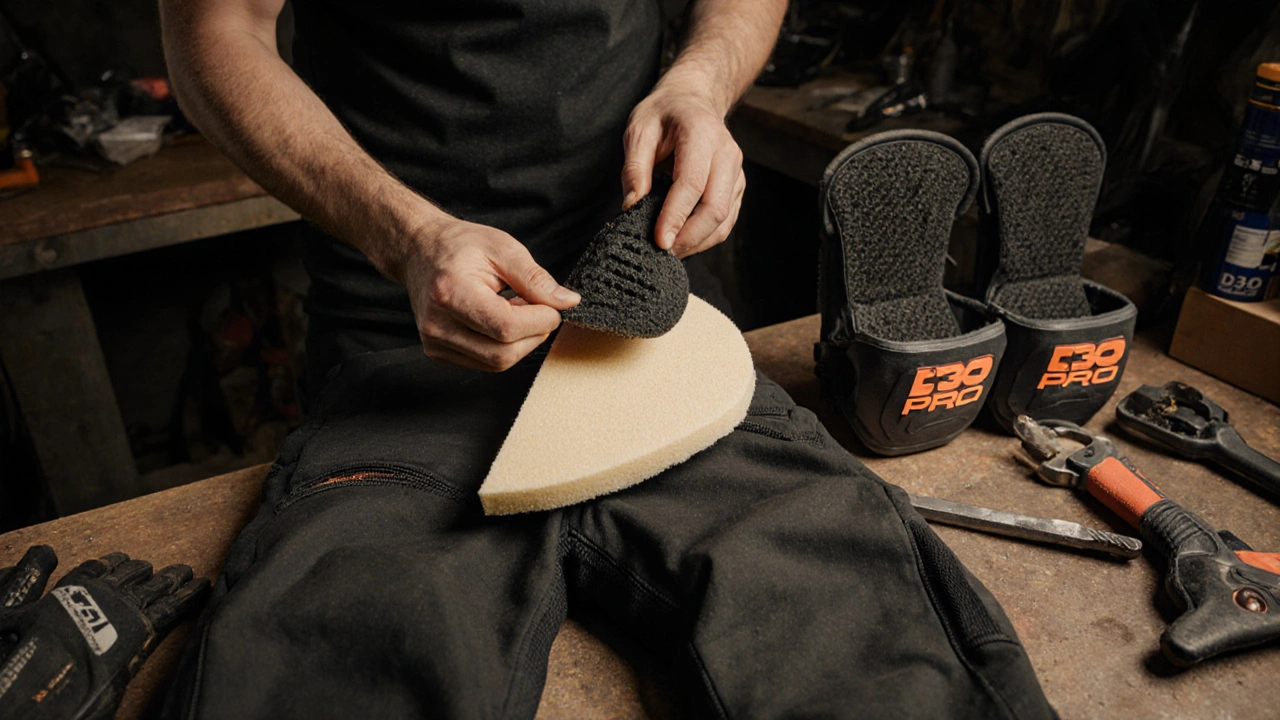 Rider replacing old foam armor with D3O Pro inserts in a workshop, tools on bench.