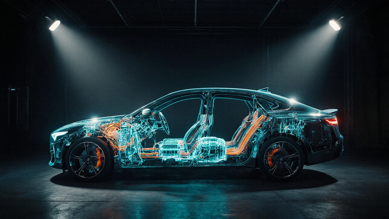 Semi‑transparent car revealing glowing internal components in a dark garage.