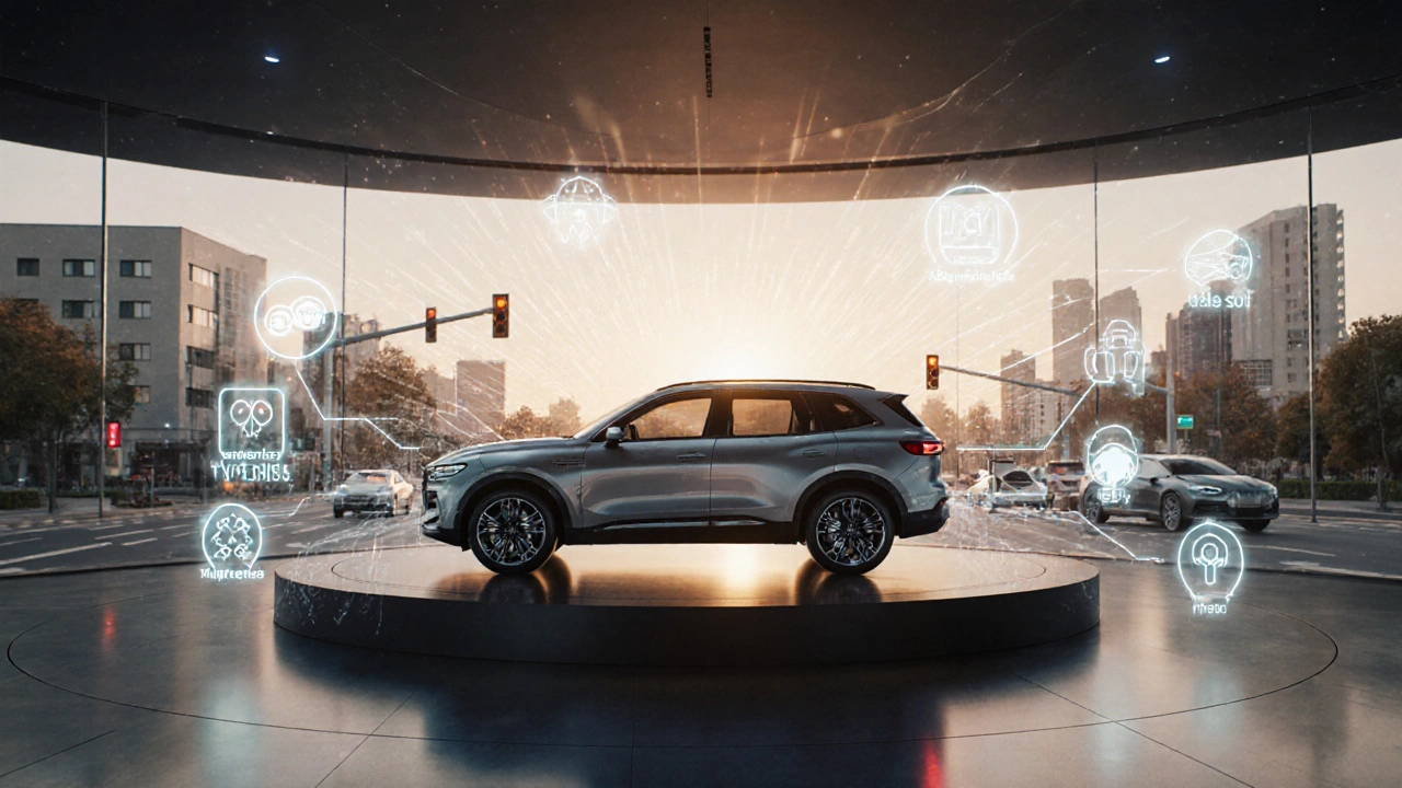 Showroom scene of a family SUV highlighted with V2X and safety icons.
