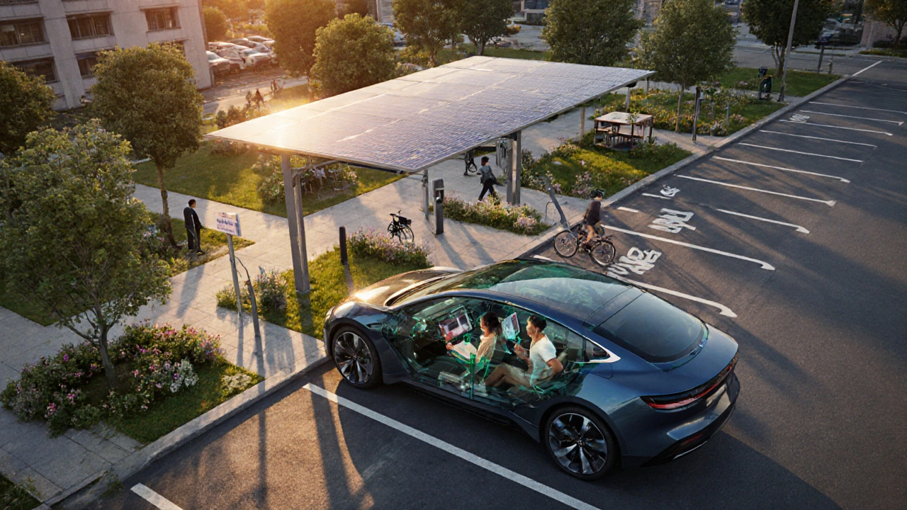 Sleek electric autonomous car charging beside a green park that replaced a parking lot.