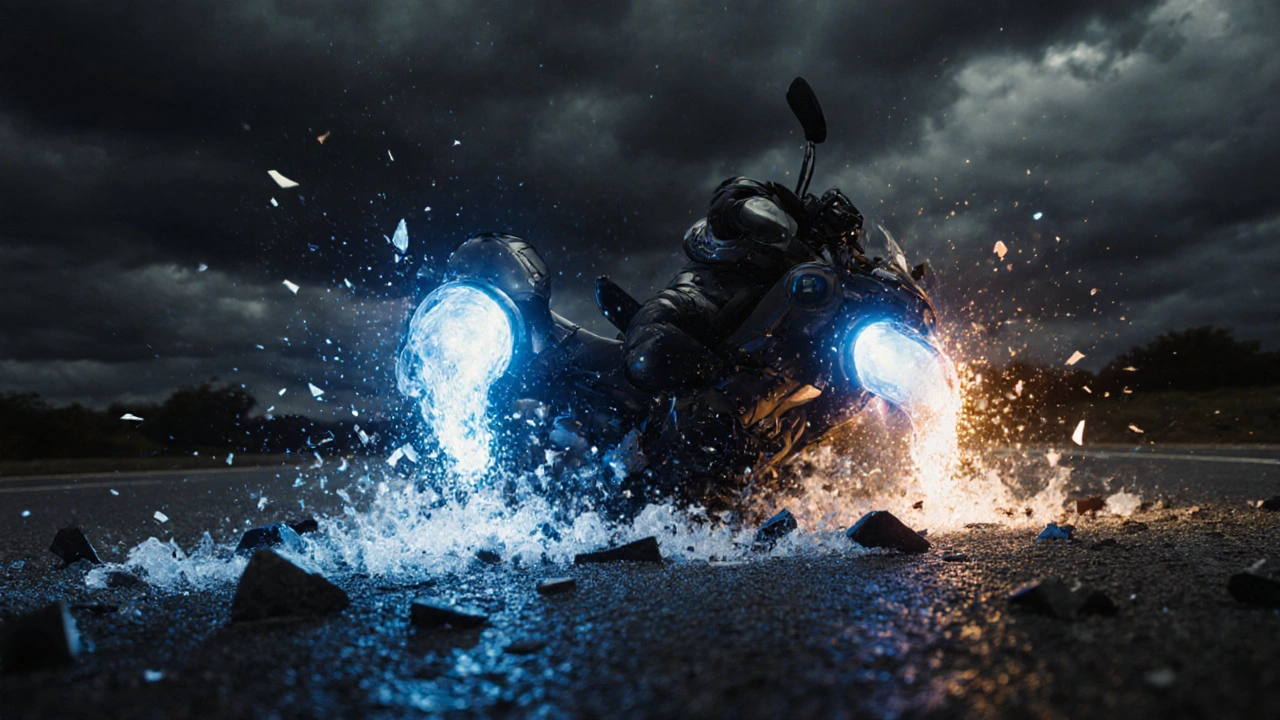 Slow-motion crash scene with armor absorbing impact, energy fields glowing around knees and hips.