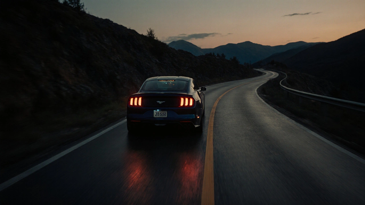 Sports car speeding on a road at dusk with transmission temperature gauge visible in the dashboard.